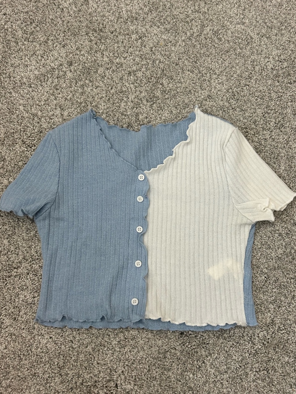 Two-Tone Blue and Cream Ribbed Button-Front Crop Top